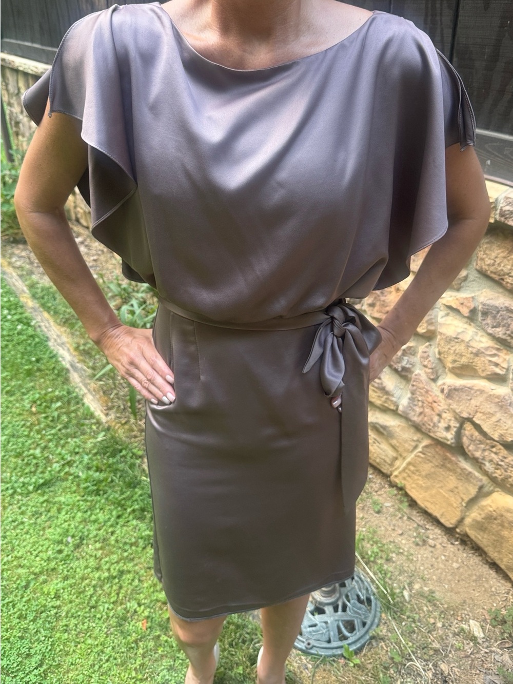 Kenneth Cole Taupe Satin Flutter Sleeve Midi Dress